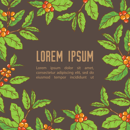 Coffee branches on dark background. Floral template. Design element for leaflet, booklet or label.のイラスト素材