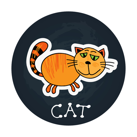 Cute doodle ginger cat isolated on blue background. Design element for magnet, sticker or greeting card. Hand drawing style.のイラスト素材