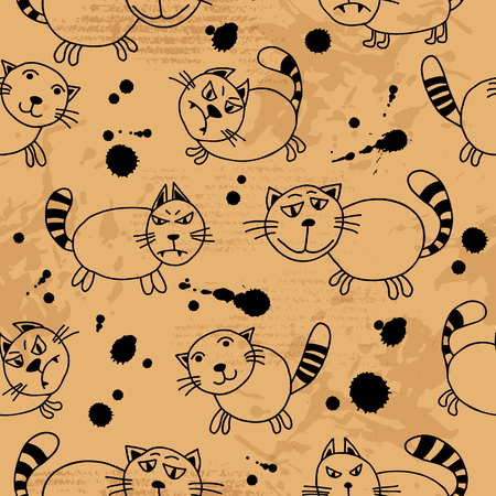 Cute doodle ginger cats pattern. Seamless background. Design element for fabric, gift wrap or wallpaper. Hand drawing style.のイラスト素材