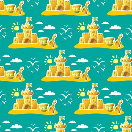 Seamless pattern with sand castle and sun. Summer vector illustration. Design element for fabric, wallpaper or wrapping paper.のイラスト素材