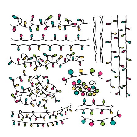 Christmas lights set isolated on white background. Hand drawn style. Doodle style. Christmas or New Year vector illustration. Design element for greeting card, leaflet, banner, poster or flyer.のイラスト素材