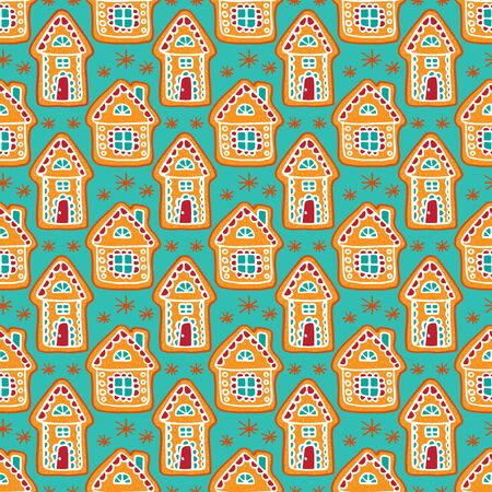 Seamless pattern with gingerbread houses. Christmas vector illustration. Design element for fabric, banner, wrapping paper, wallpaper.のイラスト素材