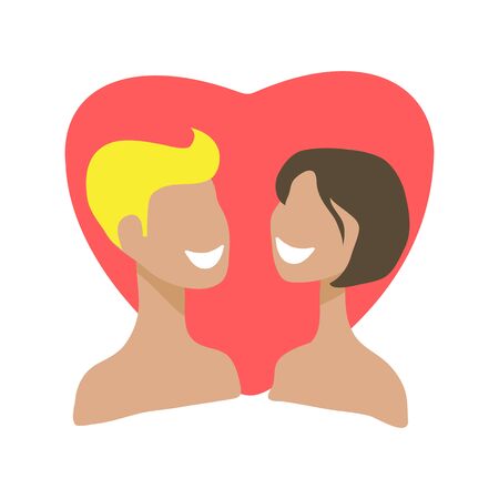 Girl and boy with heart isolated on white background. Valentines Day vector illustration. Flat design elements for greeting card, sticker, leaflet, booklet.のイラスト素材