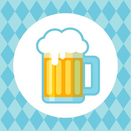 Circle frame with beer mug on stylized Bavarian flag background. October beer festival in the Munich, Germany. Vector illustration. Design element for flyer, banner, leaflet or poster.のイラスト素材
