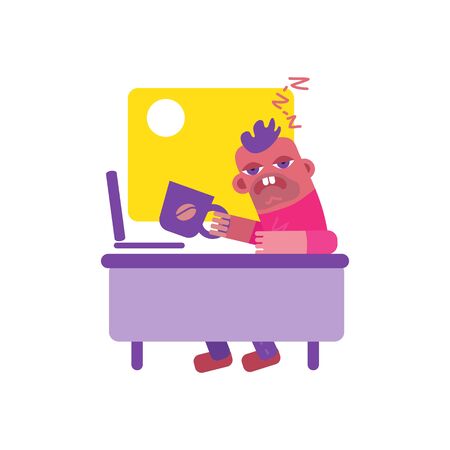 Tired man at work drinking coffee. Insomnia man concept or occupational burnout. Vector illustration. Flat design element for leaflet, poster, banner.のイラスト素材