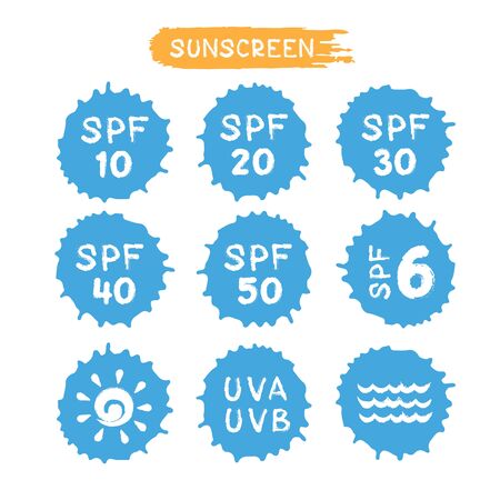 UV skin protection concept for sunscreen cream and lotion. Design elements for booklet, leaflet or sticker. Hand drawn style.のイラスト素材
