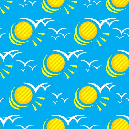 Seamless pattern with flying seagulls and sun. Summer vector illustration. Design element for fabric, wallpaper or wrapping paper.のイラスト素材