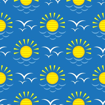 Seamless pattern with flying seagulls and sun. Summer vector illustration. Design element for fabric, wallpaper or wrapping paper.のイラスト素材