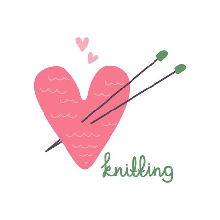 Colorful knitting heart with needles. Vector illustration. Flat design element for card, banner, leaflet, poster.のイラスト素材