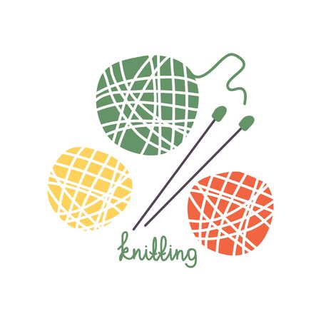 Colorful knitting balls of wool and needles. Vector illustration. Flat design element for card, banner, leaflet, poster.のイラスト素材