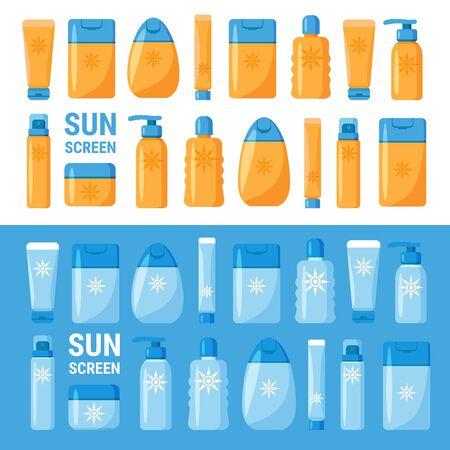 UV skin protection concept for sunscreen cream and lotion. Design elements for booklet, leaflet or sticker. Hand drawn style.のイラスト素材