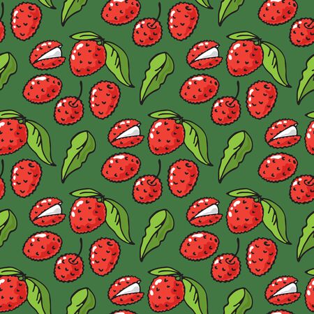 Seamless pattern with doodle lychees on green background. Vector illustration. Design element for banner, wallpaper, wrapping paper, fabric.のイラスト素材