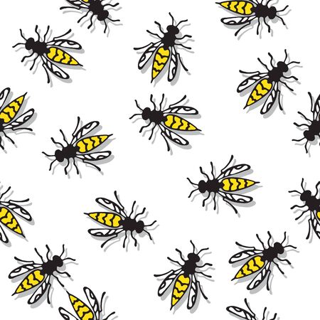 Seamless pattern with wasps isolated on white background. Hand drawn style. A stinging insect. Design element for banner, fabric, wallpaper, wrapping paper. Vector illustration.のイラスト素材