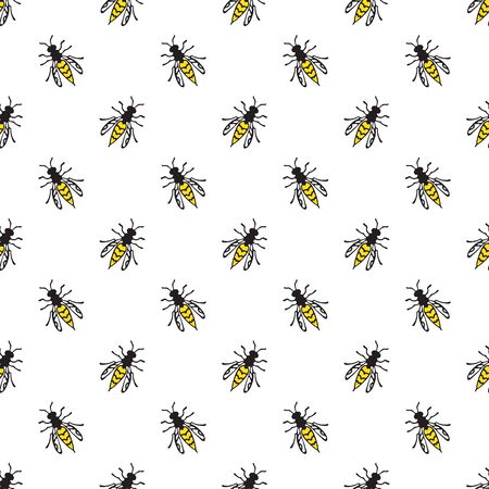 Seamless pattern with wasps isolated on white background. Hand drawn style. A stinging insect. Design element for banner, fabric, wallpaper, wrapping paper. Vector illustration.のイラスト素材