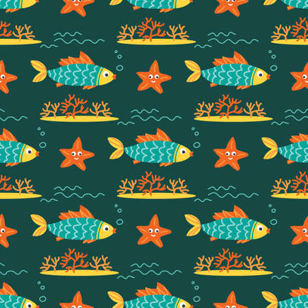Seamless pattern with sea fish. Underwater life. Flat design. Vector illustration. Design element for fabric, wallpaper or wrapping paper.のイラスト素材