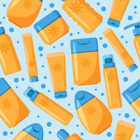 Seamless pattern with sunscreen cream and lotion on blue background.