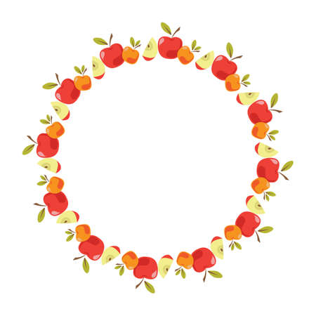 Circle frame with apples isolate on white background. Vector illustration. Design element for leaflet, booklet or sticker. Harvest symbol.のイラスト素材