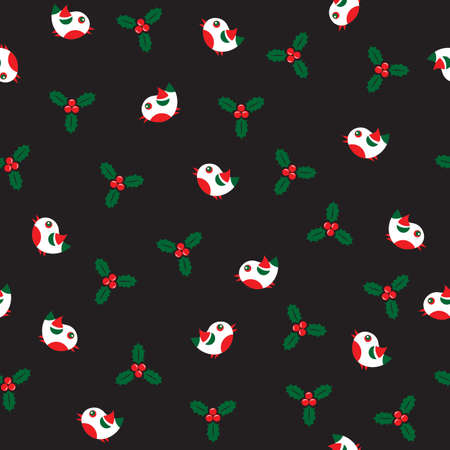 Seamless pattern with bird and holly berry. Flat design. Holiday New Year or Christmas vector illustration. Design element for banner, wallpaper, wrapping paper or fabric.のイラスト素材