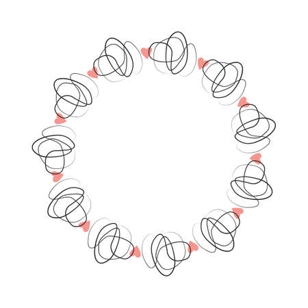 Doodle hand drawn circle frame isolated on white background. Vector illustration. Curly ornate swoosh border. Cute romantic curlicue scrawl style.のイラスト素材