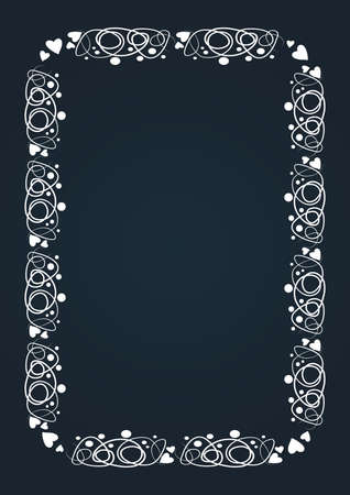 Doodle hand drawn white border isolated on chalkboard background. Vector illustration. Curly ornate swoosh border. Cute romantic curlicue scrawl style.のイラスト素材