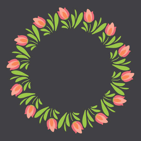 Floral circle frame isolated on black background. Spring or summer vector illustration. Design element for leaflet, poster, sticker, booklet.のイラスト素材