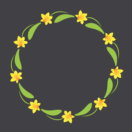 Floral circle frame isolated on black background. Spring or summer vector illustration. Design element for leaflet, poster, sticker, booklet.のイラスト素材