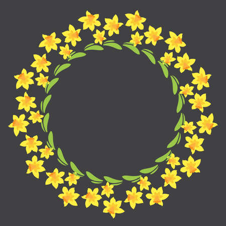 Floral circle frame isolated on black background. Spring or summer vector illustration. Design element for leaflet, poster, sticker, booklet.のイラスト素材