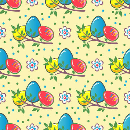 Easter eggs and flowers on yellow background. Seamless pattern for wrapping paper or textile print.のイラスト素材