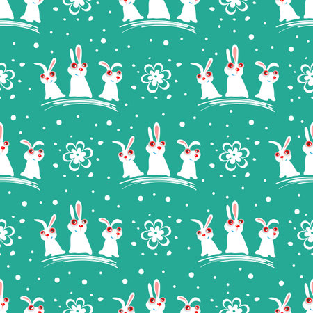 Easter bunny and flowers on blue background. Seamless pattern for wrapping paper or textile print.のイラスト素材