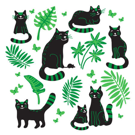 Cats and tropical leaves. Vector illustration. Flat design elements for poster, leaflet, sticker.のイラスト素材