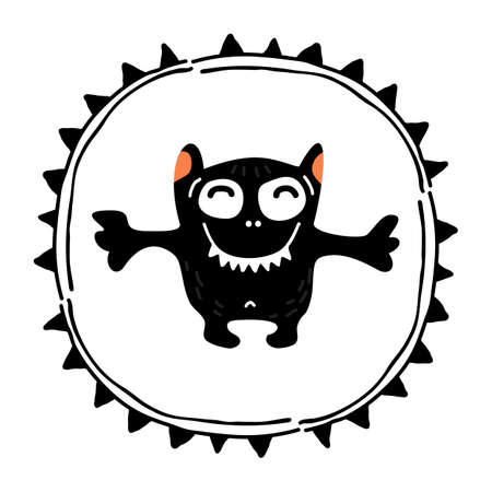 Cute monster with circle frame isolated on white background. Halloween characters vector illustration. Flat design element for poster, banner, leaflet, sticker, magnet.のイラスト素材