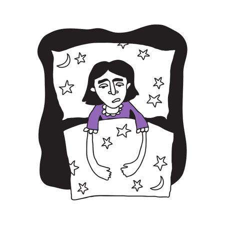 Woman character with insomnia or nightmare lying in bed. Vector illustration. Flat design element for leaflet, poster, banner.のイラスト素材