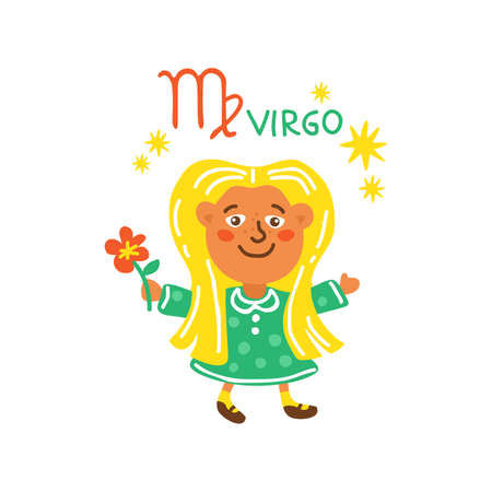 Zodiac sign Virgo isolated on white background. Cute child character. Zodiac constellation. Vector illustration. Flat design element for horoscope and astrological forecast.のイラスト素材