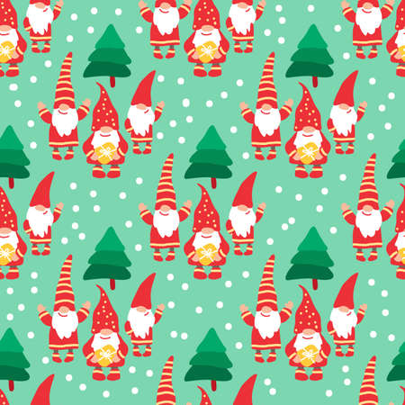 Cute little happy nordic gnomes. Seamless pattern. Christmas and New Year characters. Vector illustration. Flat design elements for fabric, wallpaper, wrapping paper, banner.のイラスト素材