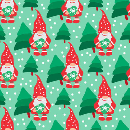Cute little happy nordic gnomes. Seamless pattern. Christmas and New Year characters. Vector illustration. Flat design elements for fabric, wallpaper, wrapping paper, banner.のイラスト素材