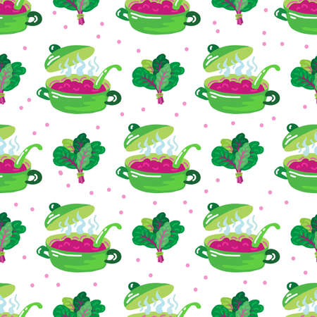 Mangold or swiss chard or beetroot soup seamless paper. Healthy food nutrition product. Lifestyle concept, culinary herb. Design element for fabric, wallpaper, wrapping paper, menu, farm product promotion, healthy food, culinary.のイラスト素材