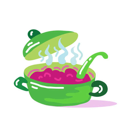 Mangold or swiss chard or deetroot soup with pan. Healthy food nutrition product. Lifestyle concept, culinary herb. Design element for menu, farm product promotion, healthy food, culinary.のイラスト素材