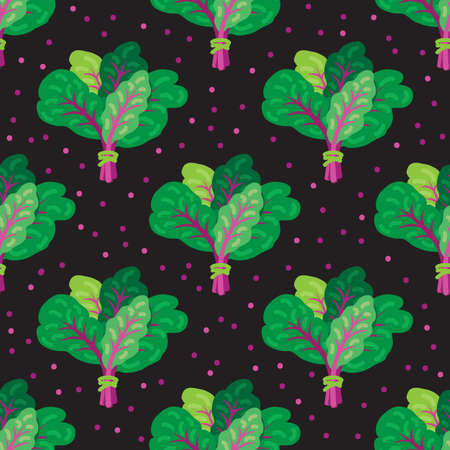 Mangold or swiss chard or beetroot seamless paper. Healthy food nutrition product. Lifestyle concept, culinary herb. Design element for fabric, wallpaper, wrapping paper, menu, farm product promotion, healthy food, culinary.のイラスト素材