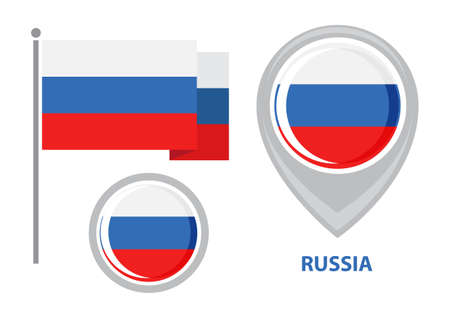 Flag of Russia and map pointer isolated on white background. vector illustration. Flat design elements for booklets. leaflet, poster.のイラスト素材