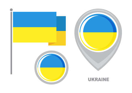 Ukraine flag and map pointer isolated on white background. vector illustration. Flat design elements for booklets. leaflet, poster.のイラスト素材