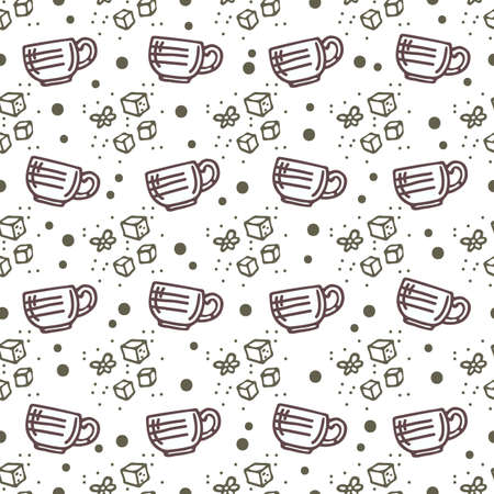 Seamless pattern with coffee or tea cups. Doodle style. Design element for banner, wrapping paper, fabric. vector illustration.のイラスト素材