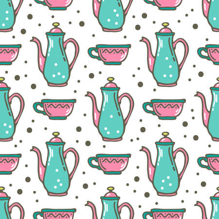 Seamless pattern with coffee pot and mugs. Doodle style. Design element for banner, wrapping paper, fabric. vector illustration.のイラスト素材