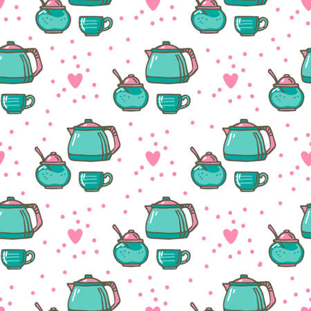Seamless pattern with coffee or tea set. Doodle style. Design element for banner, wrapping paper, fabric. vector illustration.のイラスト素材