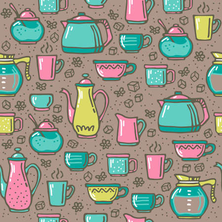 Seamless pattern with coffee pot and mugs. Doodle style. Design element for banner, wrapping paper, fabric. vector illustration.のイラスト素材