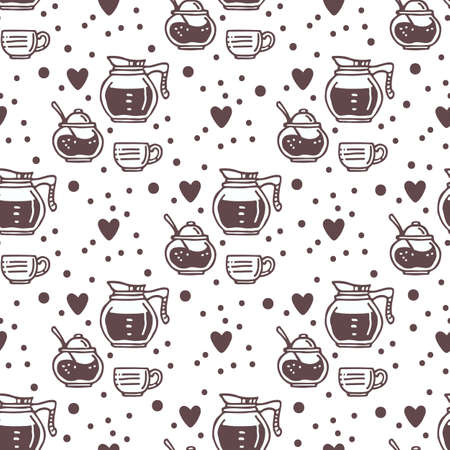 Seamless pattern with coffee set. Doodle style. Design element for banner, wrapping paper, fabric. vector illustration.のイラスト素材