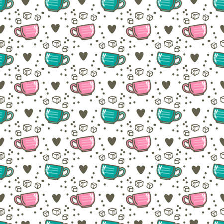 Seamless pattern with colorful coffee cups. Doodle style. Design element for banner, wrapping paper, fabric. vector illustration.のイラスト素材
