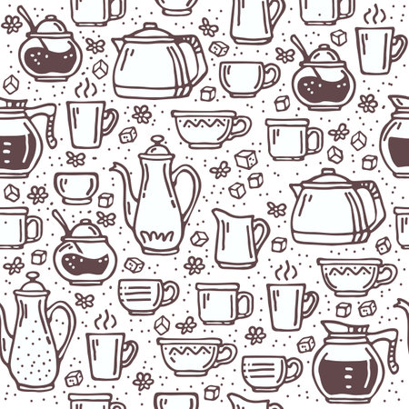 Seamless pattern with coffee pot and mugs. Doodle style. Design element for banner, wrapping paper, fabric. vector illustration.のイラスト素材