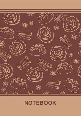 Notebook or book cover design with cinnamon bun or fresh baked goods. vector illustration.のイラスト素材