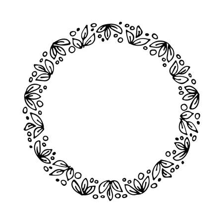 Doodle hand drawn circle frame isolated on white background. vector illustration. Curly ornate swoosh border. Cute romantic curlicue scrawl style.のイラスト素材
