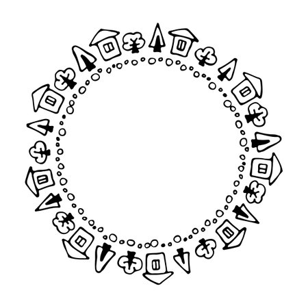 Doodle hand drawn circle frame isolated on white background. vector illustration. Curly ornate swoosh border. Cute romantic curlicue scrawl style.のイラスト素材